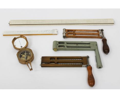 A WET AND DRY THERMOMETER by Casella together with two further wet and dry thermometers, a compass signed Stanley, a large sl