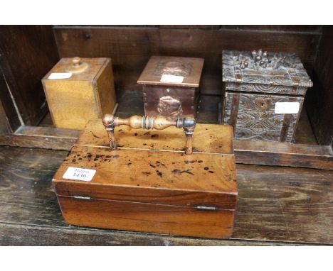 A VICTORIAN HARDWOOD DESK STAND with carrying handle together with a North European carved tea caddy, an Arts & Crafts copper