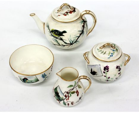 A VICTORIAN WORCESTER PORCELAIN TEASET circa 1880 consisting of a tea pot, sugar bowl and cover, milk jug and small sugar bas