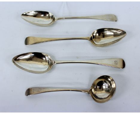 A PAIR OF GEORGIAN SILVER OLD ENGLISH PATTERN TABLE SPOONS with makers mark I.B. together with a further table spoon and a sa