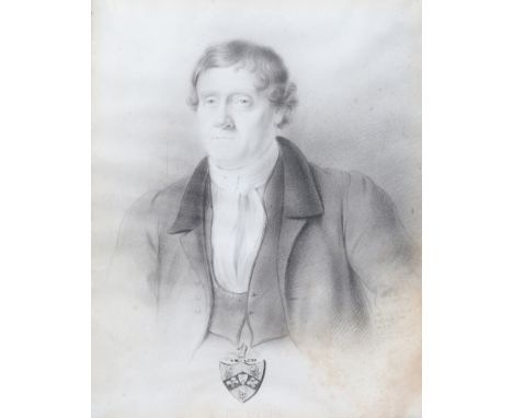 A HALF LENGTH PENCIL PORTRAIT of T.B. COPE by J. Minsi, signed and inscribed and dated 1833, 24cm x 19cm