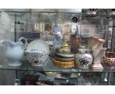 A QUANTITY OF VARIOUS CERAMICS, GLASSWARE AND ORNAMENTS to include bowls, jugs vases, plates, two manganese decorated Delft w