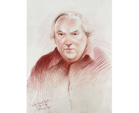 ‡ ADRIAN GEORGE (b.1944) red pencil - portrait of John Russell Taylor, signed, inscribed and dated 2005, Chris Beetles label 