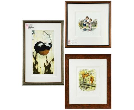 THREE FRAMED GICLEE PRINTS comprising SHIRLEY HUGHES 'Collecting Seeds' (73/195), signed, 25 x 26cms, CYRIL CROUCHER 'Feline 