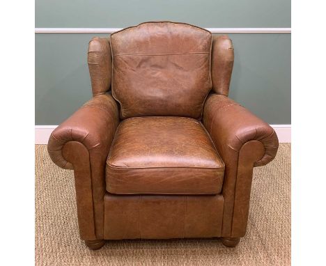 VICTORIAN-STYLE MODERN LEATHER UPHOLSTERED WING-BACK ARMCHAIR with loose cushions, turned beech legs, 85cms wideCondition Rep