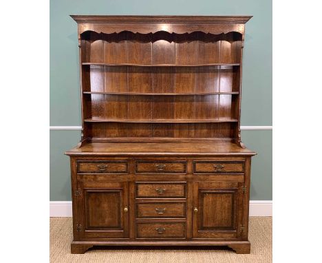 HANDCRAFTED REPRODUCTION OAK & WALNUT CROSSBANDED WELSH DRESSER, by 'Fron Furniture', boarded delft rack above chest base fit