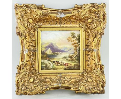 VICTORIAN SCHOOL enamel on porcelain - drover driving cattle and sheep across Highlands bridge (probably part of a larger pan