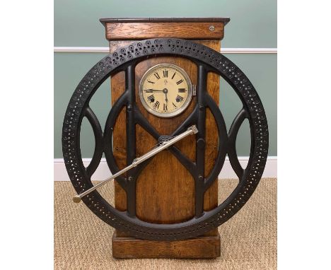 INTERNATIONAL TIME RECORDER CLOCK, the oak case with cast iron open fly wheel (missing numerals) and nickel plated armature, 
