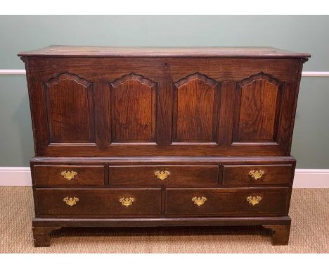 18TH CENTURY WELSH OAK MULE CHEST, boarded and moulded top, cusped arch fielded panel front, panelled sides, above arrangemen