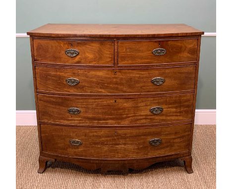 19TH CENTURY MAHOGANY BOW-FRONT CHEST, fitted two short and three graduated long drawers, on bracket feet, 111h x 119w x 61cm