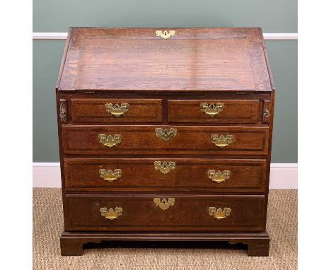 GEORGE III OAK &amp; MAHOGANY CROSSBANDED BUREAU, fitted interior of pigeon holes, drawers and central cupboard, above two sh