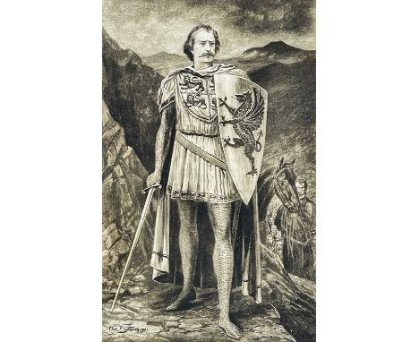 AFTER THOMAS PRYTHERCH sepia print - Owain Glyndwr dressed as a knight, framed with engraved brass plaque inscribed, 1234 Lle