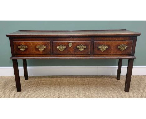 18TH CENTURY JOINED OAK DRESSER BASE with two plank moulded top above three frieze drawers with pierced brass handles, moulde