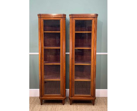 GOOD PAIR 19TH CENTURY SATINWOOD & EBONY STRUNG NARROW DISPLAY CABINETS, with harewood banding, the narrow glazed doors and s