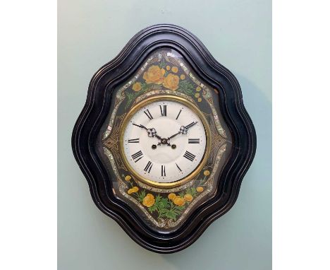 FRENCH TABLEAUX COMPTOISE OR 'VINEYARD' WALL CLOCK, ebonised shaped and glazed door enclosing yellow rose painted cover with 