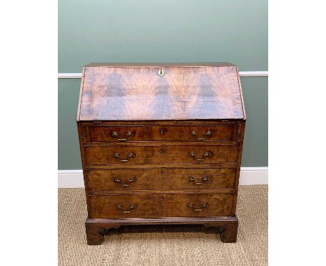 GOOD GEORGE III MAHOGANY BUREAU, crossbanded fall, fitted interior with central star-parquetry door, four graduated long draw