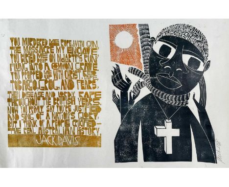 PAUL PETER PIECH (1920-1996) three-colour lithograph - Jack Davis poem relating to Aboriginal oppression, signed and dated in