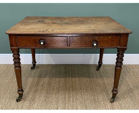 19TH CENTURY OAK LIBRARY TABLE, with Hobbs & Co lock, bobbin moulded top above pair of frieze drawers fitted with ebony and i