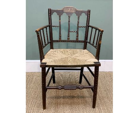 FIVE VARIOUS CHAIRS, including REGENCY PAINTED BEECH ARMCHAIR, with woven rush seat, spindle back and sides, classical tablet