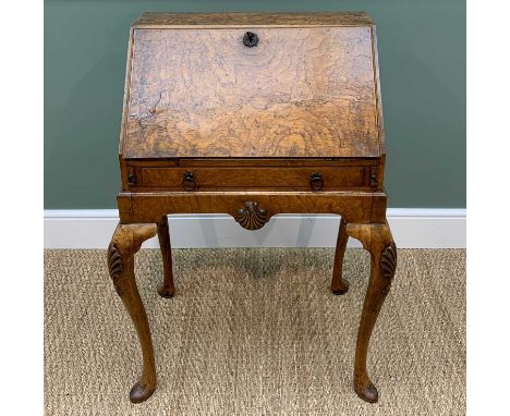 QUEEN ANNE-STYLE BURR-WALNUT &amp; FEATHER BANDED BUREAU ON STAND, angled fall enclosing fitted interior of drawers and pigeo
