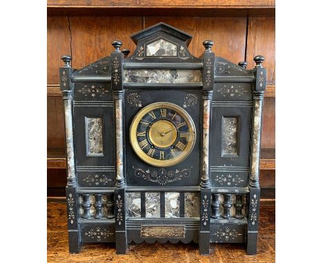 LARGE BELGIAN SLATE & MAINE RED MARBLE ARCHITECTURAL MANTEL CLOCK, late 19th Century, with gilt Roman dial, the standard move