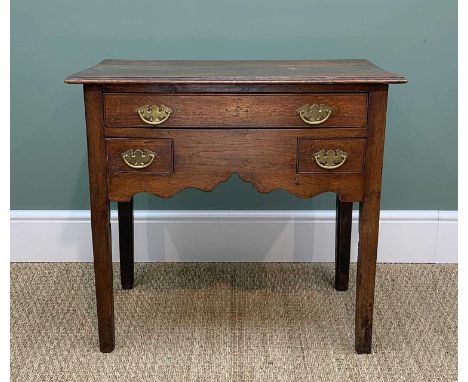 LATE 18TH CENTURY OAK LOWBOY, boarded top above three drawers, shaped apron, square section legs, 68h x 73w x 43cms