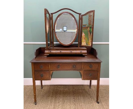 EDWARDIAN MAHOGANY DRESSING TABLE, with stage back and five drawers, casters, 92h x 114w x 54cms; together with a  triple pla