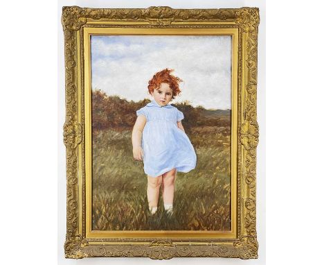 EDWARDIAN SCHOOL oil on canvas - standing portrait of a red-haired infant with gust of wind blowing her dress, unsigned, 55 x