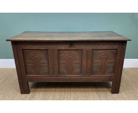19TH CENTURY OAK COFFER / BLANKET CHEST, having a three panelled front with architectural carving and lunette carved frieze, 
