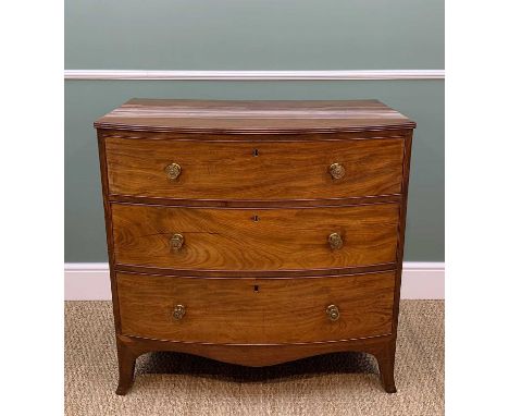 REGENCY MAHOGANY BOW-FRONT CHEST, fitted three long drawers with pressed brass handles, 90h x 51.5w x 91cmsCondition Report:S