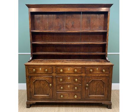 EARLY 19TH CENTURY NORTH WALES OAK DRESSER, boarded rack with angled cornice above base fitted with six drawers, two cupboard