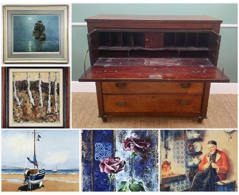 CHARITY LOT: 19th Century mahogany secretaire, pair wax portrait plaques by Leslie Kay, assorted pictures (qty)