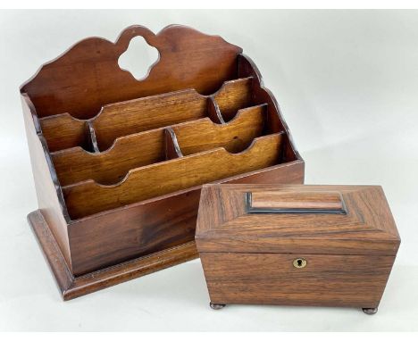 19TH CENTURY ROSEWOOD TEA CADDY &amp; MAHOGANY LETTER RACK, caddy 25cms wide, letter rack 42cms wide (2)
