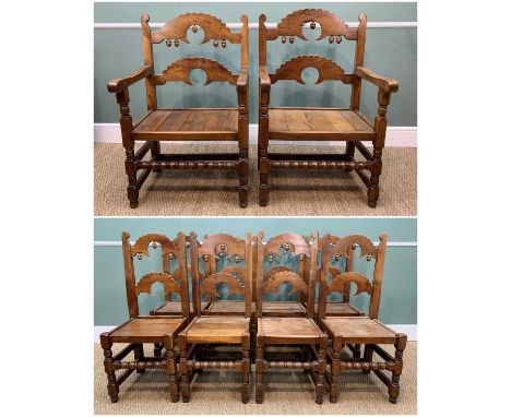 SET OF TEN YORKSHIRE LADDERBACK DINING CHAIRS, with wide solid boarded seats, carved ladder backs and bobbin turned stretcher