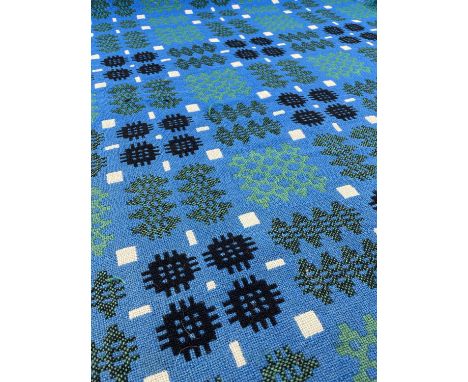 VINTAGE WELSH WOOLEN DERW TAPESTRY BLANKET in blue, greens, flecked grey, black, reversible, geometric design, fringe, bears 