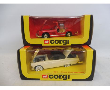 Two circa 1970s boxed Corgi toys: a 802 Mercedes 300SL and an 801 Ford Thunderbord (ex shop stock), box condition excellent.