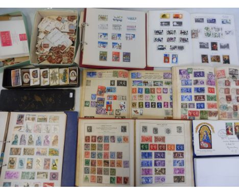 Several stamp albums plus an assortment of loose penny reds, plus cigarette cards and first day covers.