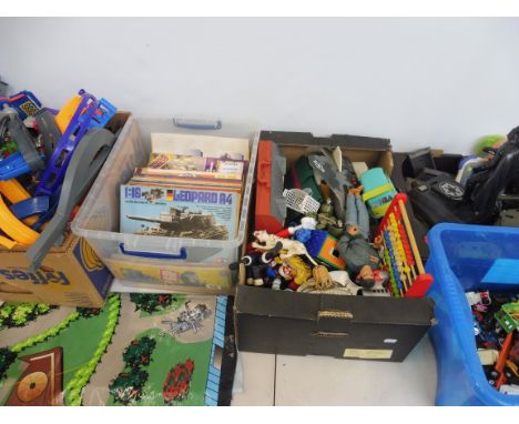 Five boxes of modern toys, Star Wars, Action Man etc.