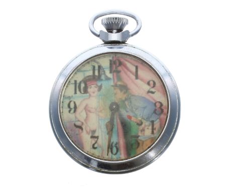 Novelty chrome erotic automaton pocket watch, 51mm 