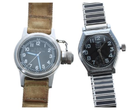 U.S.N BU. Ships stainless steel gentleman's wristwatch, black dial, crown guard, tan fabric NATO style strap, quartz, 36mm; t