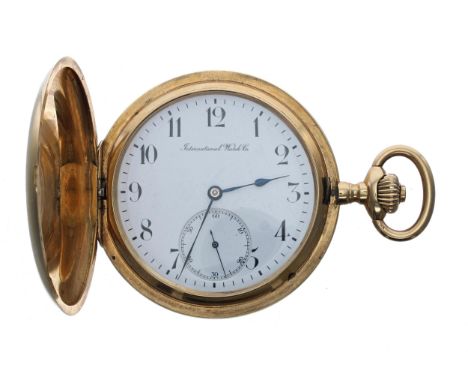IWC (International Watch Co.) 18ct lever set hunter pocket watch, circa 1908, signed three quarter plate gilt frosted movemen