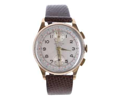 Suisse Chronographe 18ct chronograph gentleman's wristwatch, case no. 159, circa 1950s, circular silvered dial with Arabic nu