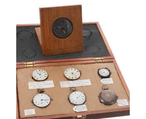 WWII 8-day cockpit clock, mounted in a wooden stand, 2.5'' dial approx; together with a watch display consisting of a George 