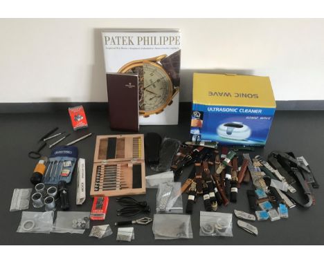 Quantity of various watchmakers tools to include a Sonic Wave ultrasonic cleaner (boxed), case holder, Anchor case opener, th