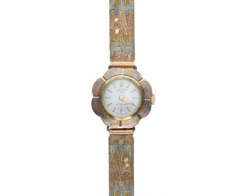 Rotary 9ct tri-colour wire-lug lady's wristwatch, 21 jewel, tri-colour bracelet, the clasp stamped '345VI 750', 20.7gm, 19mm-