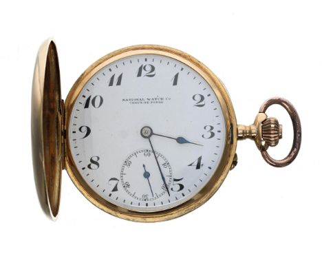 National Watch Co. Swiss 18ct lever hunter pocket watch, gilt movement with compensated balance and regulator, metal hinged c