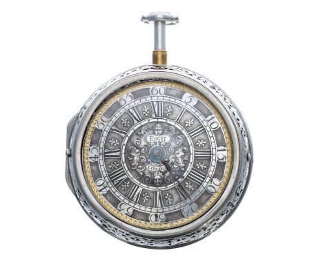 Fine early 18th century English silver quarter repeating verge pair cased pocket watch by Roget, London, signed gilt fusee wi