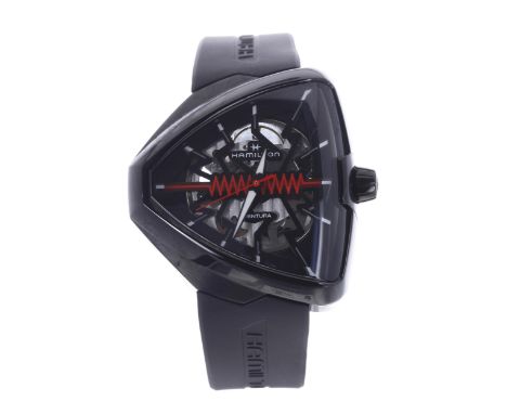 Hamilton Ventura Elvis80 automatic triangular PVD plated gentleman's wristwatch, triangular skeleton dial, exhibition case ba