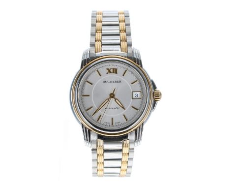 Bucherer Archimedes automatic stainless steel and gold gentleman's wristwatch, reference no. 2824-507, silvered dial with app