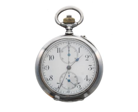 Longines silver (0.900) centre seconds chronograph lever pocket watch, signed gilt frosted movement, no. 2236879, with bi-met